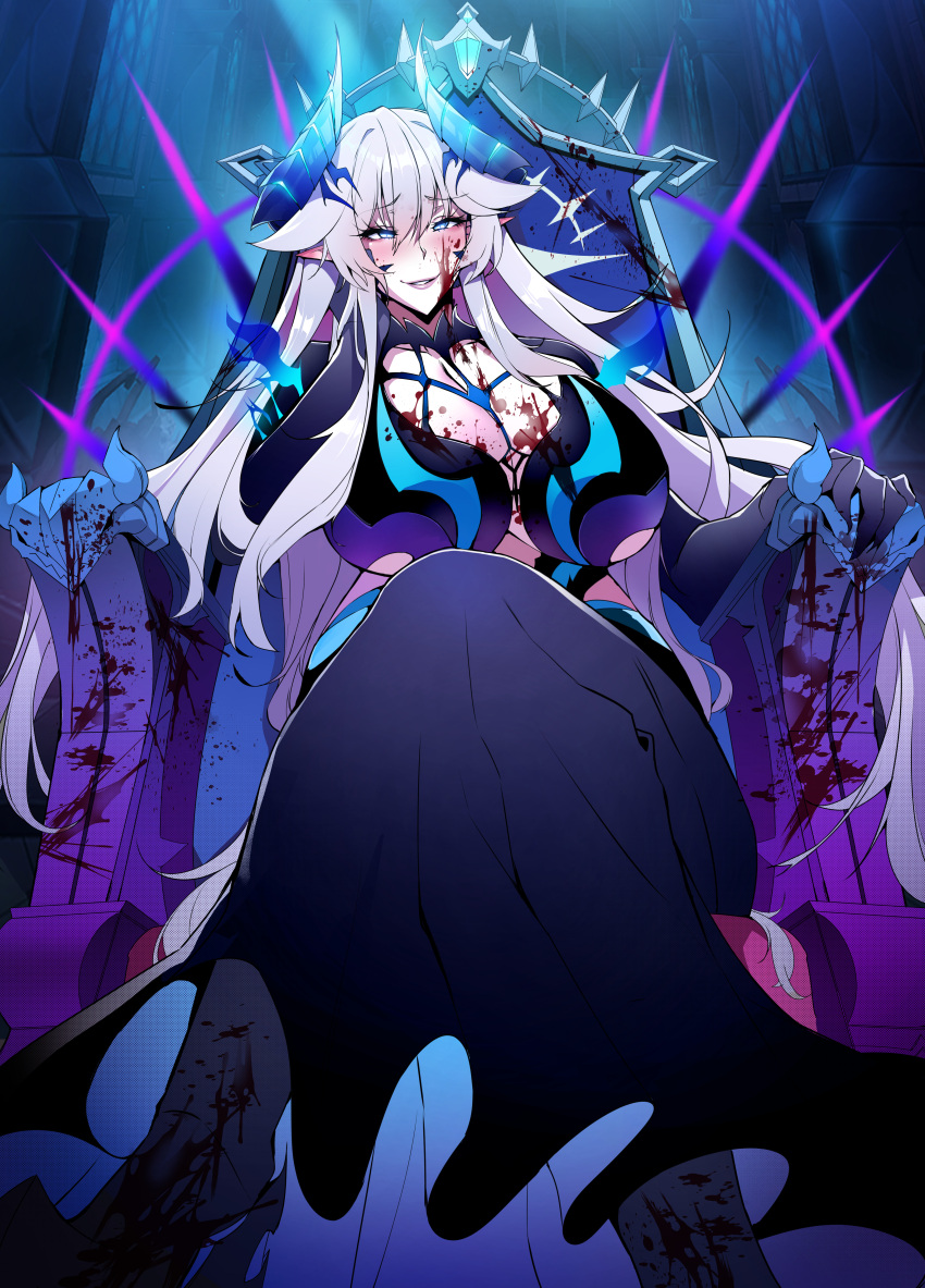 blood blue_eyes breasts covering covering_breasts diabla_(elsword) elbow_gloves elsword female from_above gloves grin hair_between_eyes highres horns large_breasts lestart_(artist) long_hair luciela_r._sourcream nude restart very_long_hair white_hair