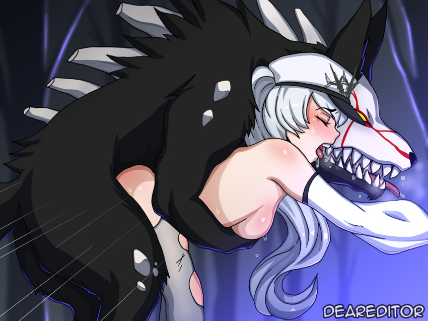 1boy 1boy1girl 1girls ambiguous_penetration blush breasts closed_eyes deareditor fangs grimm_(rwby) human interspecies long_hair monster motion_lines open_mouth rwby rwby_ice_queendom sex sharp_teeth sideboob straight tongue tongue_out torn_clothes weiss_schnee white_hair zoophilia