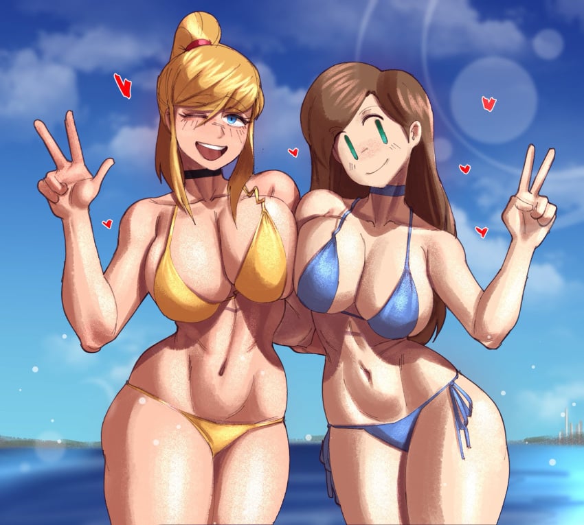 2girls =) bikini breasts breasts_frottage choker curvy large_breasts metroid nintendo nonosamu peace_sign samus_aran shadowleggy shoulder_to_shoulder simple_eyes simple_face thick_thigh