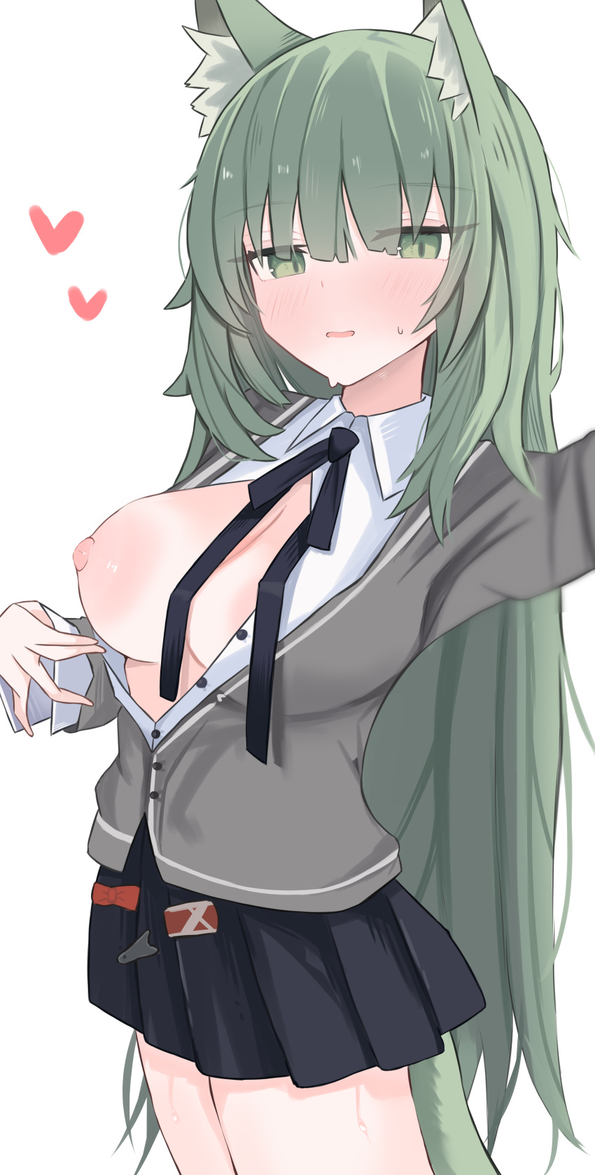 1girls 2023 animal_ear_fluff animal_ears arknights blush breast_out breasts cat_ears cat_tail catgirl flashing_breasts green_eyes green_hair harmonie_(arknights) heart hi_res light-skinned_female light_skin long_hair looking_at_viewer medium_breasts nipples nui_(nuinui0300) school_uniform selfie shirt simple_background solo standing