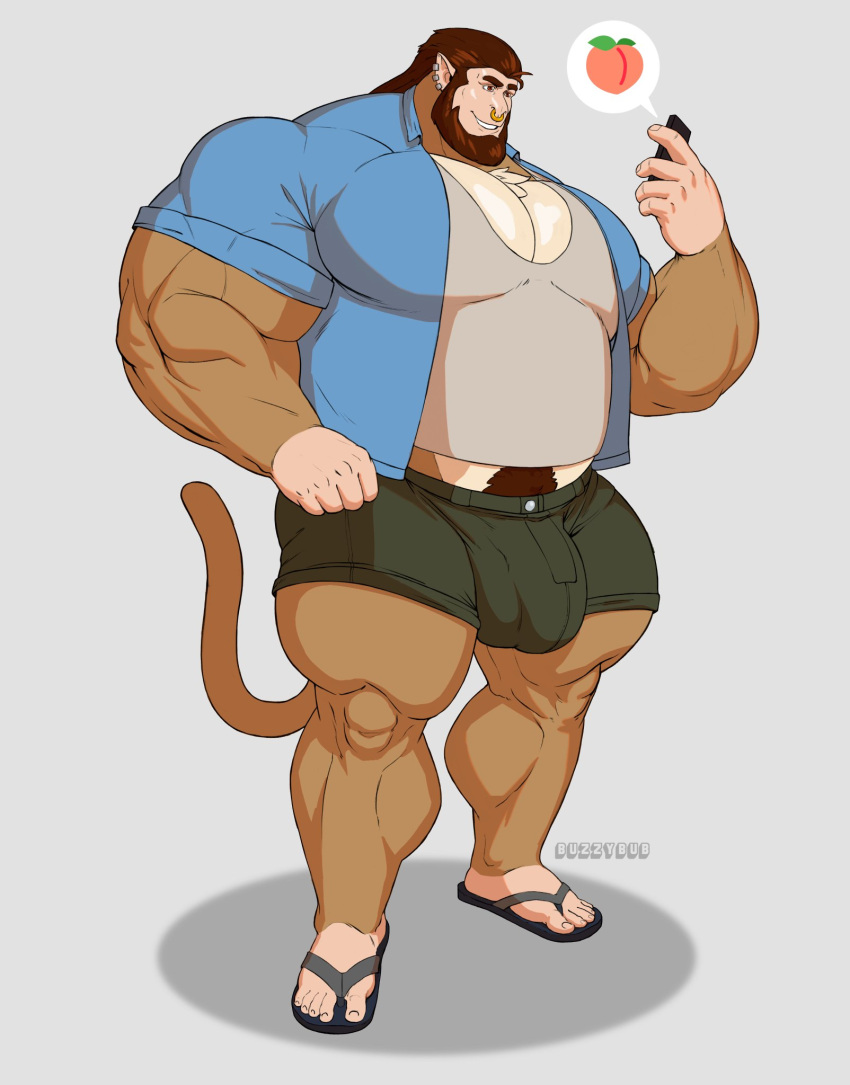 anthro barazoku beard big_bulge big_claws big_pecs bottomwear bulge buzzybub claws clothed clothing ear_piercing facial_hair haplorhine hi_res huge_biceps large_female looking_at_object looking_at_phone male male_only mammal monkey muscular muscular_male pecs piercing primate shorts solo thick_thighs