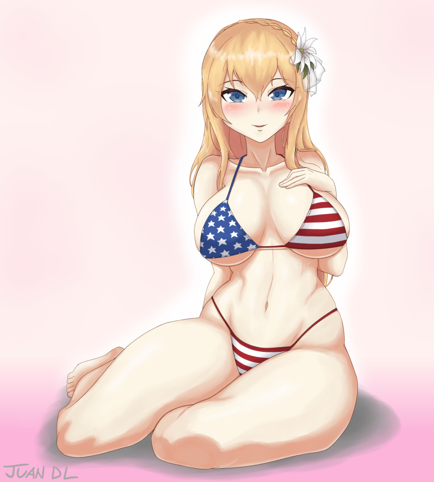 1girls american_flag_bikini bikini blonde_hair blue_eyes crown_braid female female_only flower_in_hair girls'_frontline juan_de_lata light-skinned_female light_skin looking_at_viewer mosin-nagant_(girls'_frontline) smile smiling smiling_at_viewer solo