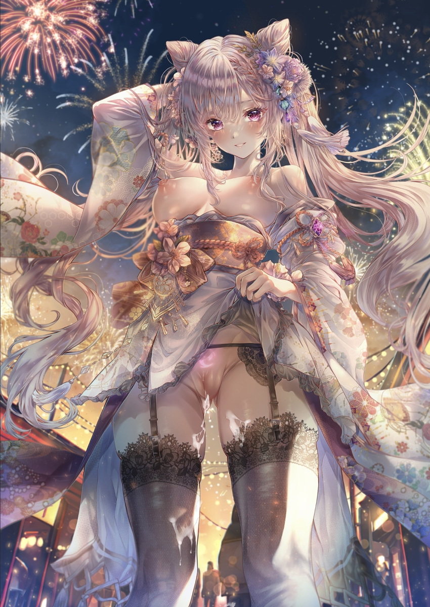 alternate_costume ass_visible_through_thighs bare_shoulders bow bow_panties braid breasts cameltoe clothes_lift cone_hair_bun covered_nipples cum cum_in_pussy cum_on_legs cumdrip detached_sleeves female festival fireworks floral_print flower from_below garter_straps genshin_impact grey_hair grey_thighhighs hair_bun hair_flower hair_ornament hand_in_own_hair highres japanese_clothes jewelry keqing_(genshin_impact) kimono kimono_lift lace-trimmed_thighhighs lens_flare long_hair looking_at_viewer medium_breasts mewmiyu miyulein night nipples obi obijime outdoors panties purple_eyes pussy sash sleeveless sleeveless_kimono smile standing teeth thighhighs twintails underwear white_kimono wide_sleeves yellow_sash