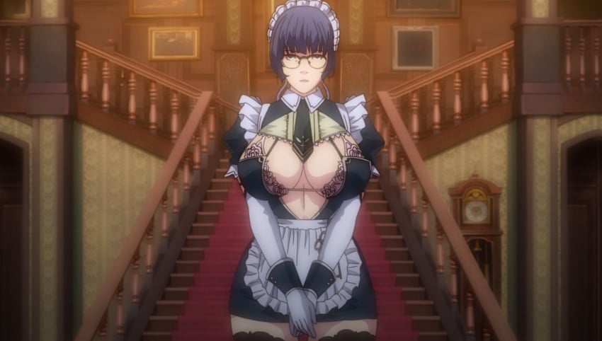 1girls breasts cleavage glasses hips huge_breasts large_breasts maid purple_hair screencap screenshot sleepless_nocturne_the_animation thick_thighs thighhighs thighs