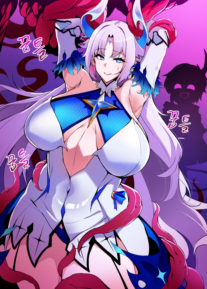 blue_eyes blue_gloves blue_legwear blurry blush bound_together breasts breasts_apart breath bridal_gauntlets collarbone earrings elbow_gloves elsword female gloves hair_intakes horn_grab horns ishtar_(elsword) jewelry lestart lestart_(artist) linked_collar long_hair luciela_r._sourcream navel pointy_ears restart straight tail toeless_legwear torogao very_long_hair white_hair