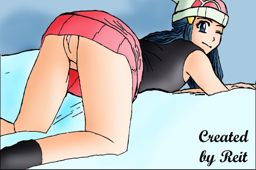 all_fours bed blue_eyes blue_hair bottomless dawn_(pokemon) female female_only human human_only kneeling looking_back nintendo no_panties pokemon pokemon_dppt reit socks solo spread_legs straight_hair uncensored wink