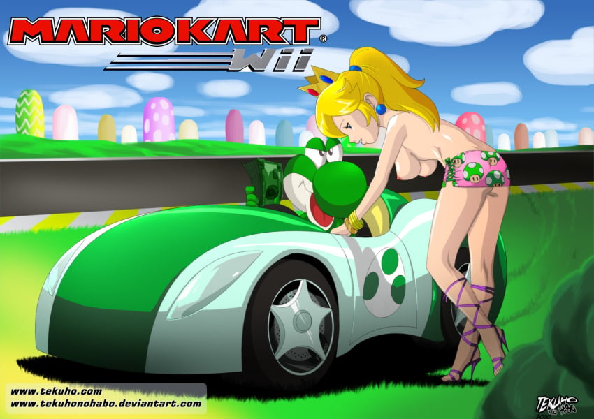 1boy1girl 2010 5:7 artist_signature blonde_hair blonde_hair_female breasts car cheating_girlfriend clothes color crown cuckold cuckolding ear_piercing earring exposed_breasts female gold_crown hair high_heels human interspecies long_blonde_hair long_hair long_hair_female male mario_(series) mario_kart mario_kart_wii money nintendo open_toe_shoes piercing princess_peach prostitute prostitution public_topless short_skirt skirt skirt_only stiletto_heels straight_hair tekuho topless yoshi