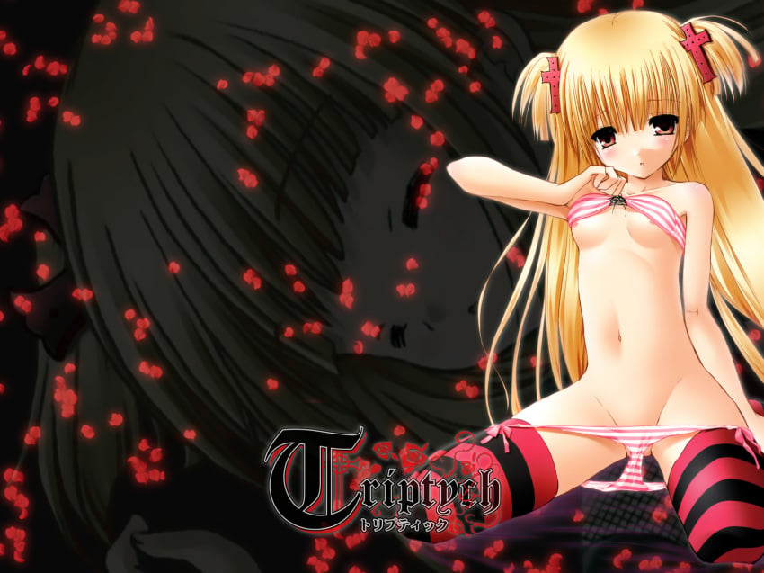 blonde_hair blush bra cross highres karen_(triptych) lingerie long_hair nimura_yuuji panties poster striped striped_bra striped_legwear striped_panties striped_thighhighs tied_hair triptych twintails underwear