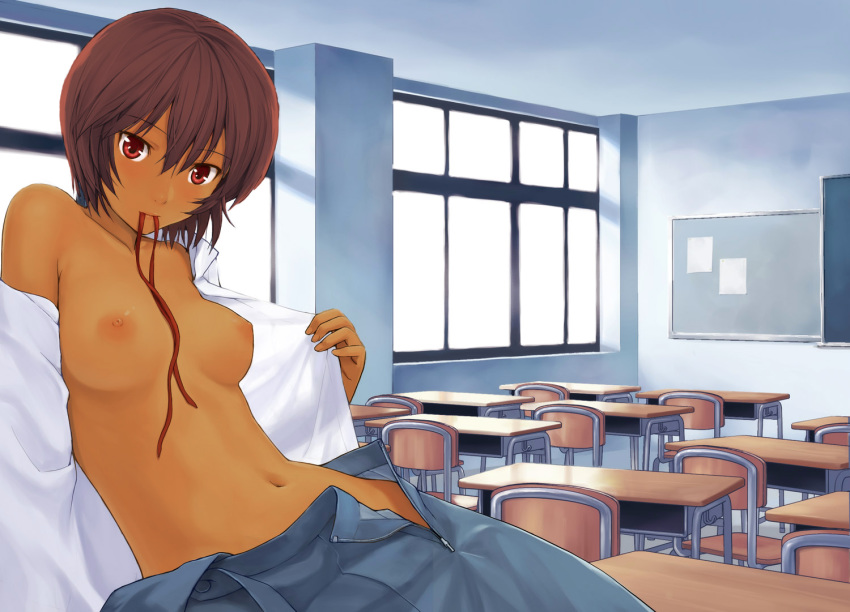 alternate_hair_color alternate_hairstyle breasts brown_hair classroom clothes clothing dark-skinned_female dark_skin hair mouth_hold navel neon_genesis_evangelion nipples photoshop red_eyes rei_ayanami ribbon school_uniform short_hair skirt small_breasts straight_hair stripping undercover_brothers undressing uniform white_shirt