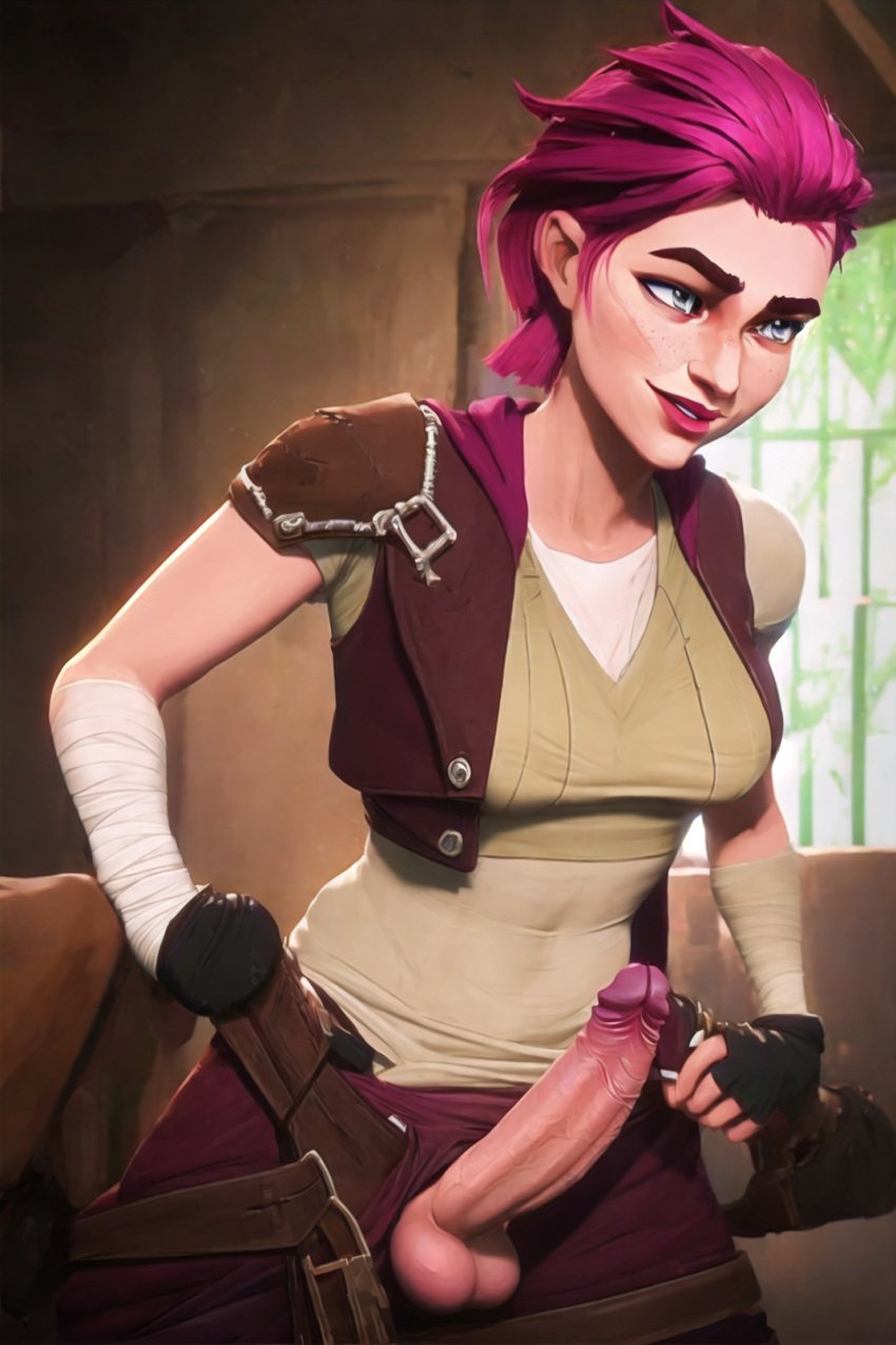 1futa ai_generated arcane arcane_vi balls balls_out bandaged_arm big_penis breasts brown_pants erect_penis erection exposed_navel fingerless_gloves futanari grey_eyes hood_down league_of_legends looking_at_another open_fly open_jacket penis pink_hair riot_games self_upload shiny_hair short_hair smile smiley_face solo solo_futa soplon tagme teenager tomboy uncensored uncensored_version_at_source vi