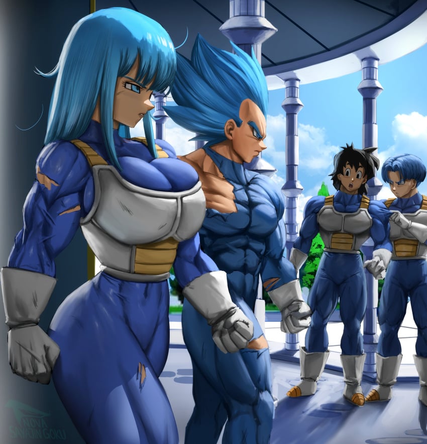 1girls 3boys abs alternate_version_available armor bangs big_breasts black_eyes black_hair blue_eyes blue_hair bra_(dragon_ball) bra_briefs dragon_ball dragon_ball_gt dragon_ball_z elitenappa gloves looking_at_another muscular muscular_female muscular_male muscular_thighs novasayajingoku ripped_clothing son_goten super_saiyan_blue thighs tight_clothing trunks_(dragon_ball) trunks_briefs vegeta