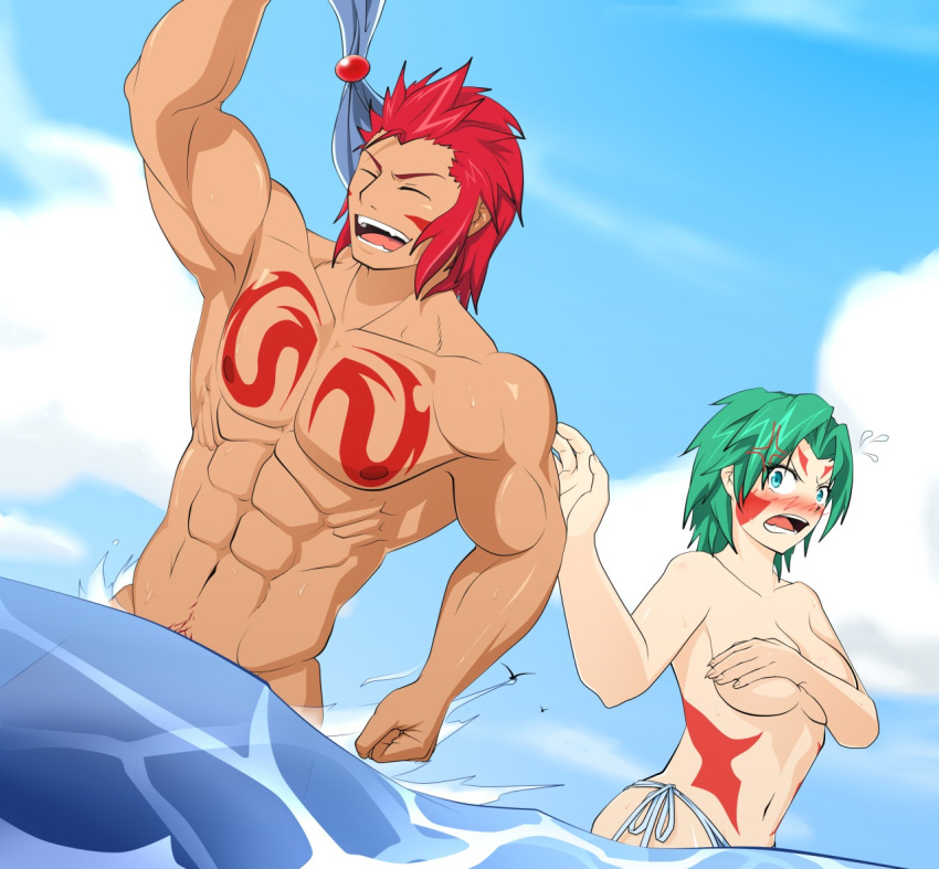 1boy1girl angry angry_expression angry_face arm_covers_breast artist_request big_breasts blue_eyes blush breasts dark-skinned_male g-string g-string_only g_string green_hair kupei_karustier male_nipples muscular muscular_male nostale pale-skinned_female sea seagull skinny_dipping stolen_bikini stolen_clothes stolen_swimsuit swimsuit_thief tattoo tattoo_on_chest tattoo_on_face tattoos topless wild_keeper