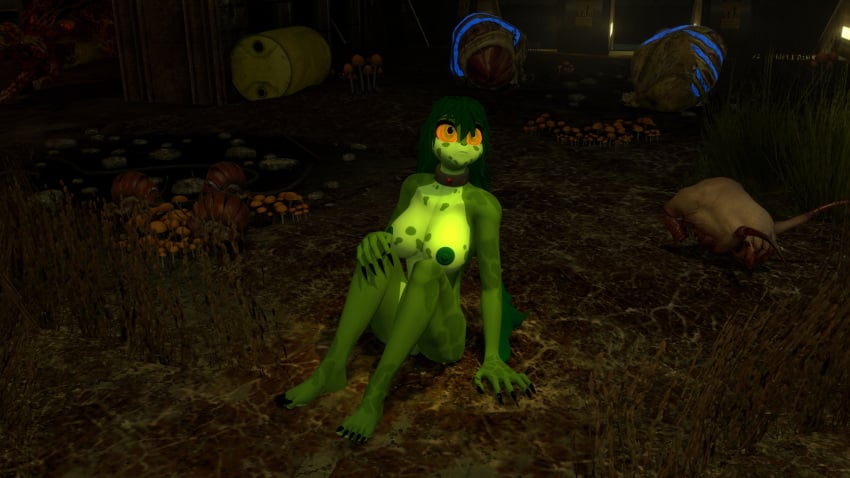 3d_(artwork) claws collar covered_pussy crossover female female_focus fins garry's_mod gazing grass green_scales green_skin half_life_2 hand_on_knee headcrab large_breasts light looking_up monster nude orange_eyes scp scp-811 scp_foundation sitting subway tyrakathedragonfan