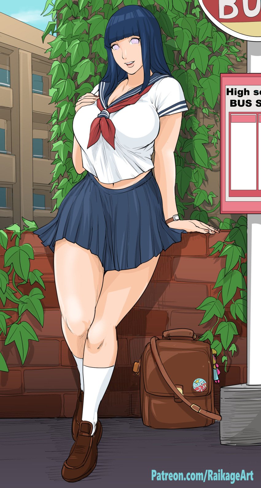 1girls bag big_breasts blue_hair breasts brown_loafers busty hand_on_breast hyuuga_hinata knee_socks kneehighs kneesocks large_breasts loafers medium_hair naruto naruto_(series) naruto_shippuden purple_eyes raikage_art school_uniform schoolgirl smile socks solo standing thick_thighs vines white_socks