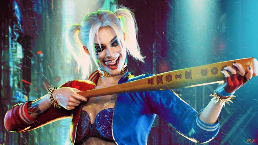 1girls 3d baseball_bat batman_(series) big_breasts blonde_hair dc dc_comics dc_extended_universe dceu eyebrows eyelashes eyes female female_only hair harley_quinn harley_quinn_(dceu) licking_own_lips light-skinned_female light_skin lips margot_robbie solo suicide_squad suicide_squad_(2016) totocandy1 upper_body villain villainess wet_body