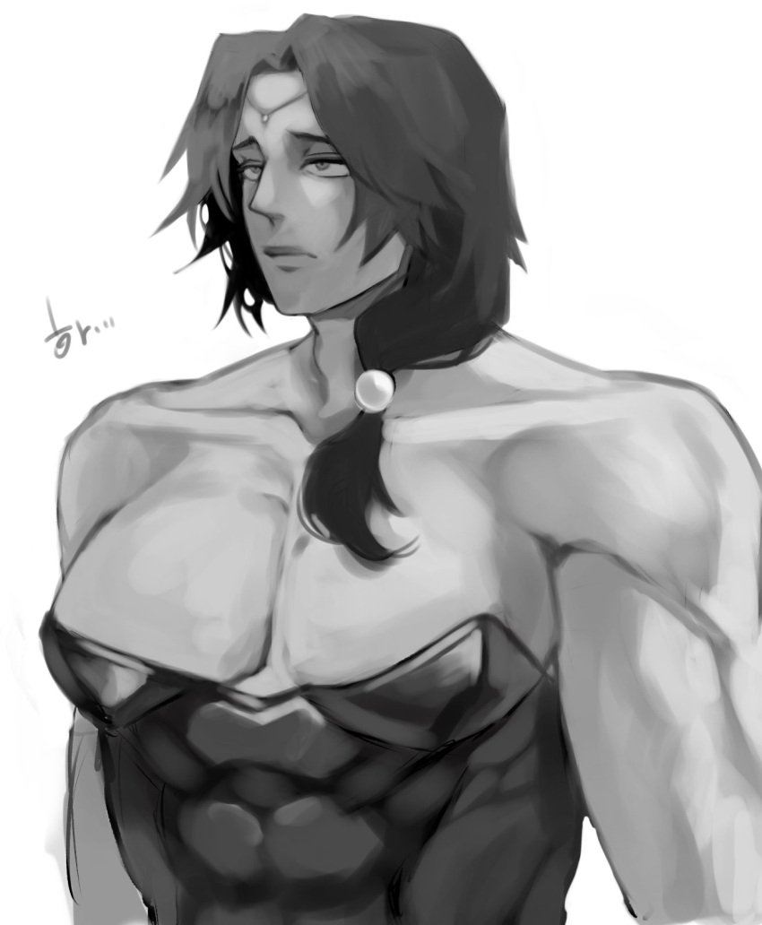 big_pecs circlet crossdressing ds_2nd gaolang_wongsawat greyscale kengan_(series) kengan_ashura leotard long_hair long_hair_male low-tied_long_hair low_ponytail male male_only monochrome muscular muscular_male pecs ponytail solo upper_body