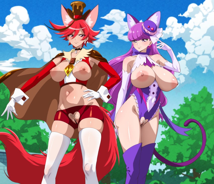 2girls aged_up animal_ears bar_censor blue_sky blush breasts breasts_out cape censored cloud crotch_cutout crotchless crotchless_leotard crotchless_shorts cure_chocolat cure_macaron earrings elbow_gloves fake_animal_ears fake_tail female female_pubic_hair fuooooo gloves hand_on_own_hip hat hi_res highres jewelry kenjou_akira kirakira_precure_a_la_mode kotozume_yukari large_breasts leotard long_hair looking_at_viewer midriff multiple_girls navel nipples outdoors paid_reward_available precure pubic_hair purple_eyes purple_hair pussy red_eyes short_hair sky smile tail thighhighs top_hat very_long_hair white_gloves white_thighhighs