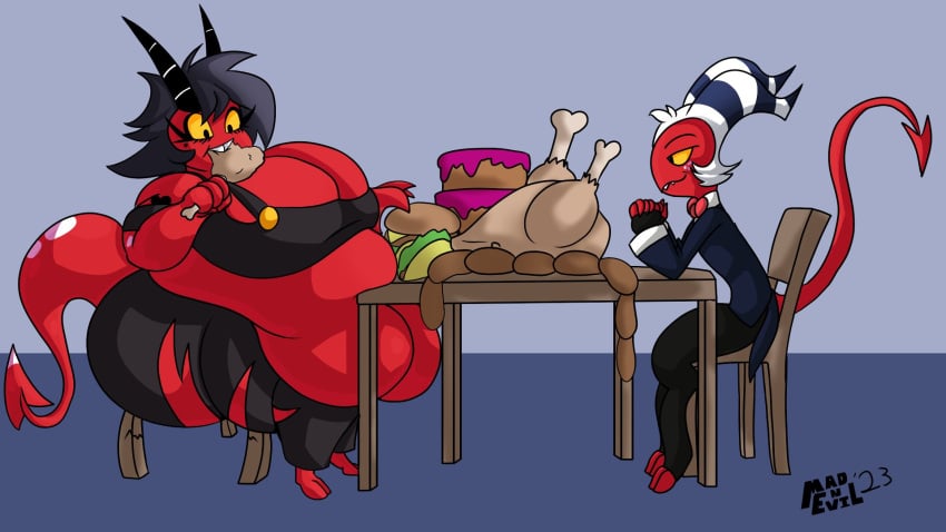 1boy 1girls belly big_breasts breasts demon demon_horns demon_tail eating fat fat_woman female food grey_hair helluva_boss horns huge_belly imp mad_n_evil male millie_(helluva_boss) moxxie_(helluva_boss) no_humans obese obese_female overweight overweight_female red_body red_skin short_hair sitting tail thunder_thighs white_hair wide_hips yellow_sclera