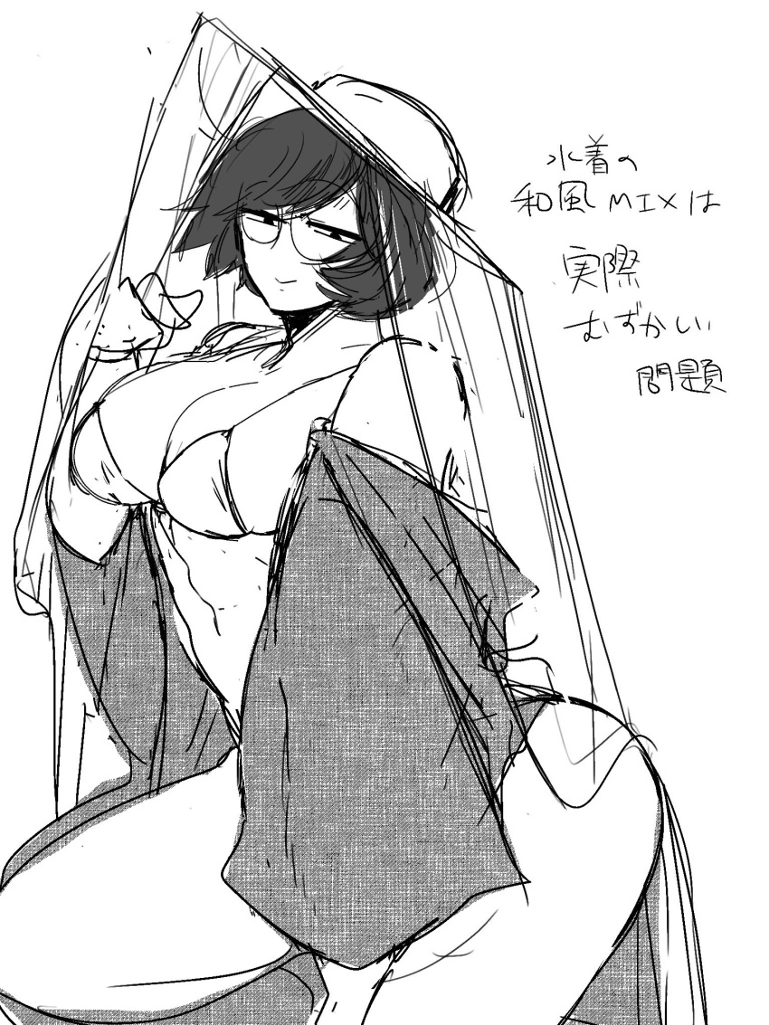 big_breasts bikini cleavage female female_only genderswap_(mtf) glasses half-closed_eyes kengan_(series) kengan_omega nitokutumu2 rough_sketch rule_63 short_hair sketch smile solo sun_hat swimsuit tokuno’o_tokumichi