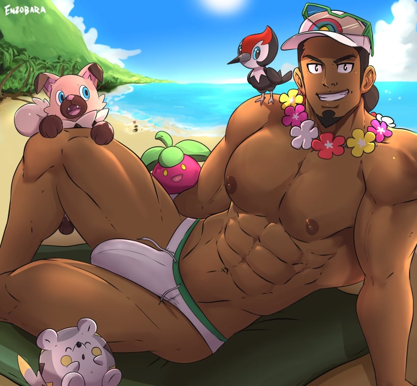 abs bara beach beard big_bulge big_pecs bounsweet brown_hair bulge cap dark-skinned_male enzobara flower_necklace gay kukui_(pokemon) looking_at_viewer lying_on_side male male_focus male_nipples male_only muscular_arms muscular_male muscular_thighs pecs pikipek pokemon pokemon_sm rockruff serratus serratus_anterior shoreline smiling smiling_at_viewer solo speedo sunglasses sunglasses_on_head togedemaru underwear v-line