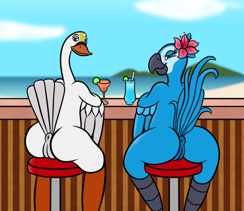 20th_century_fox 20th_century_studios anatid anseriform anserinae anthro anthrofied anus ass avian bar bar_stool beach beak beverage bird blue_body blue_sky_studios detailed_background duo feathers female flower furniture genitals jewel_(rio) looking_at_viewer looking_back macaw neotropical_parrot new_line_cinema parrot plant princess_odette pussy rio_(series) sea seaside sharkinwaves sitting smile stool swan the_swan_princess true_parrot water white_body wings