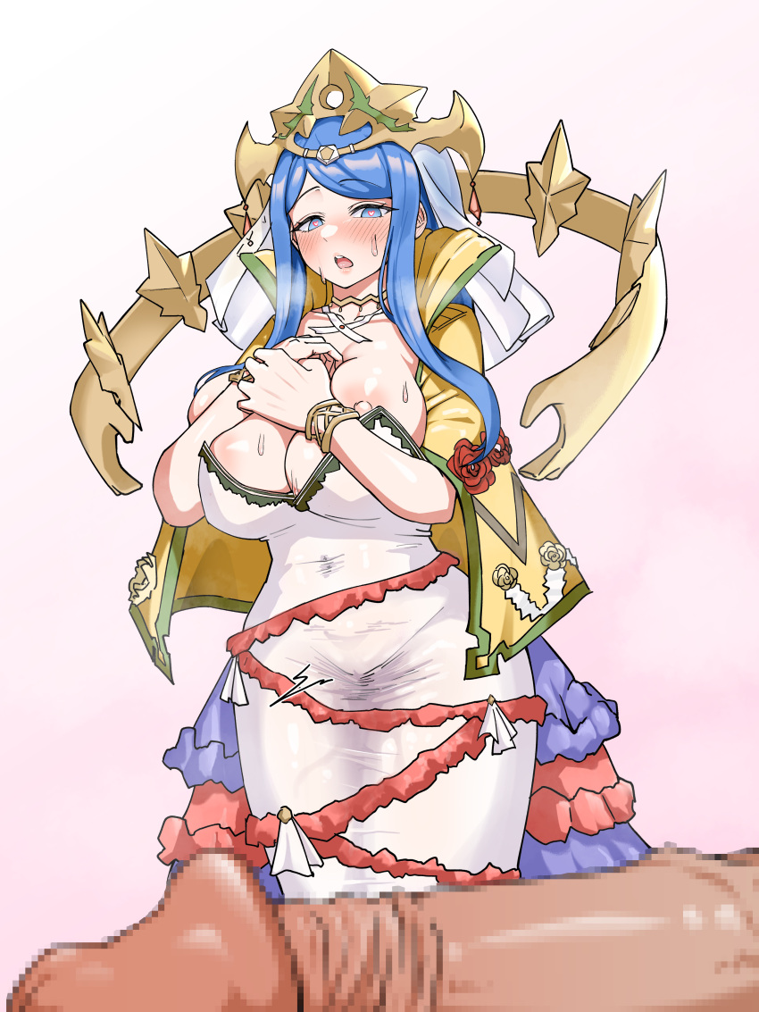 1boy 1girls areolae areolae_slip blue_eyes blue_hair breasts cleavage covered_navel curvy dress female female_focus fire_emblem fire_emblem_engage hahyaha heart-shaped_pupils heavy_breathing horny huge_breasts large_penis long_hair lumera_(fire_emblem) male mature mature_female nintendo nipple_slip nipples penis penis_awe pussy_juice queen royalty solo_focus sweat veil voluptuous wet_pussy wide_hips