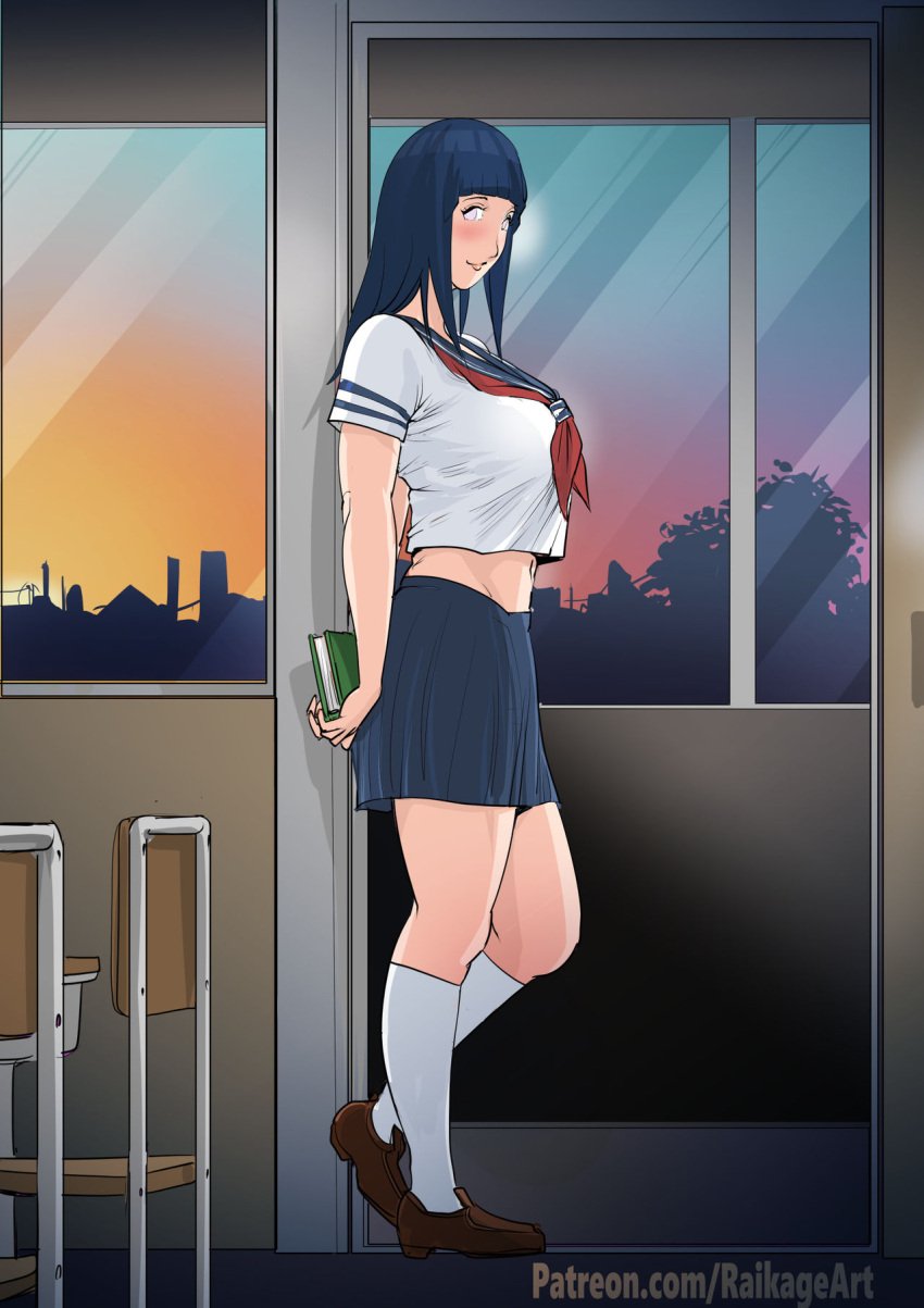 1girls big_breasts blue_hair blush book brown_loafers color hyuuga_hinata knee_socks kneehighs kneesocks large_breasts loafers medium_hair naruto naruto_(series) naruto_shippuden purple_eyes raikage_art school_uniform skirt socks solo standing sunrise tagme white_socks