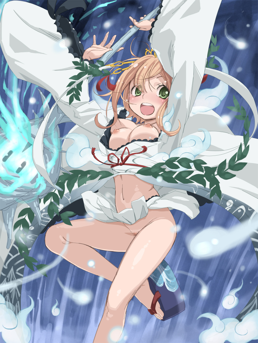 blonde_hair breasts censored feet female foot_out_of_frame green_eyes highres japanese_clothes legs long_sleeves magia_record:_mahou_shoujo_madoka_magica_gaiden magical_girl mahou_shoujo_madoka_magica medium_breasts medium_hair miko mosaic_censoring nipples no_bra no_panties okobo open_mouth pussy sandals satori_kagome toenails toes you2