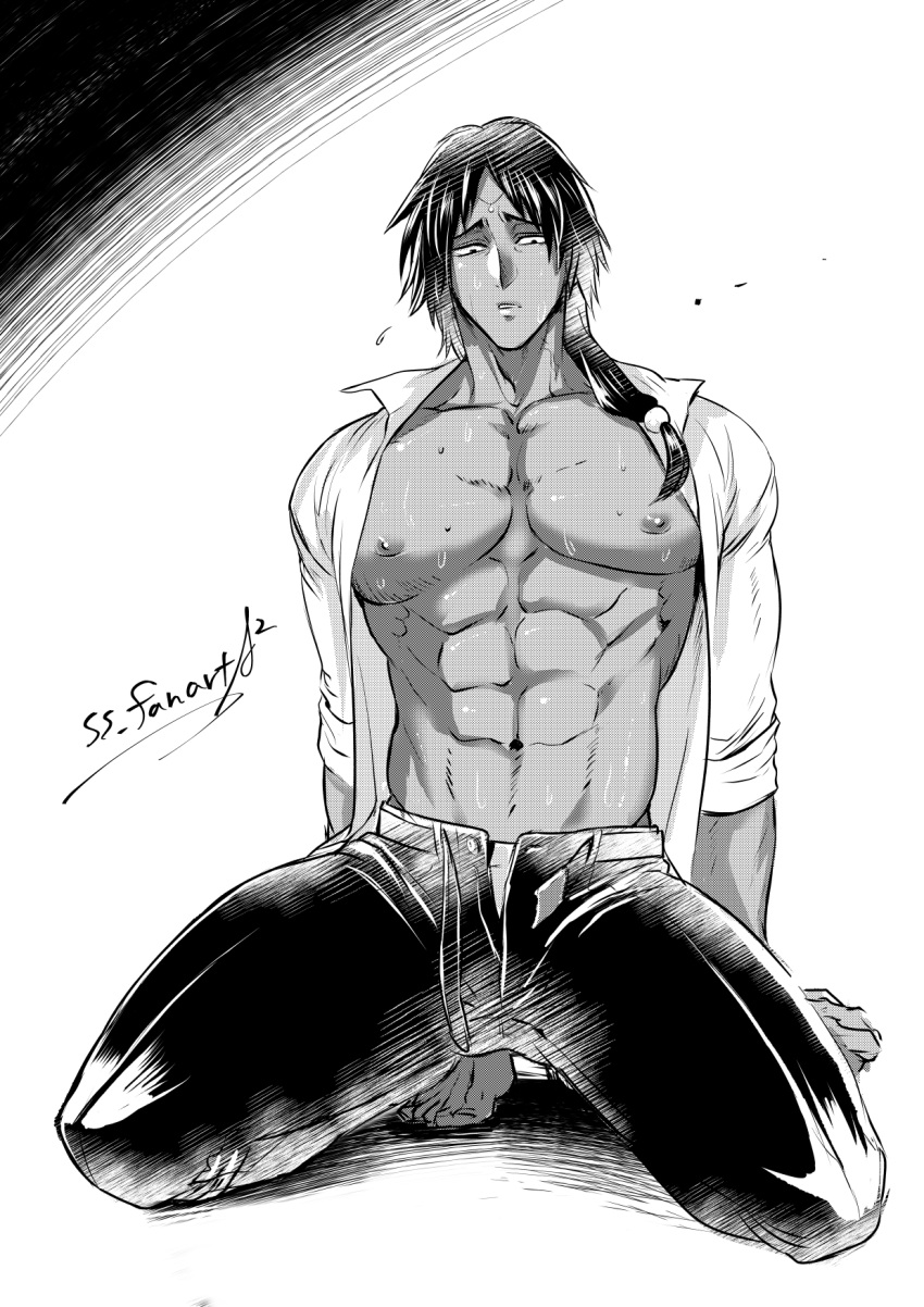 abs big_pecs circlet full_body gaolang_wongsawat kengan_(series) kengan_ashura kneeling long_hair long_hair_male low-tied_long_hair low_ponytail male male_only monochrome muscular muscular_male open_pants open_shirt pecs sitting sleeves_rolled_up ss_fanart sweat