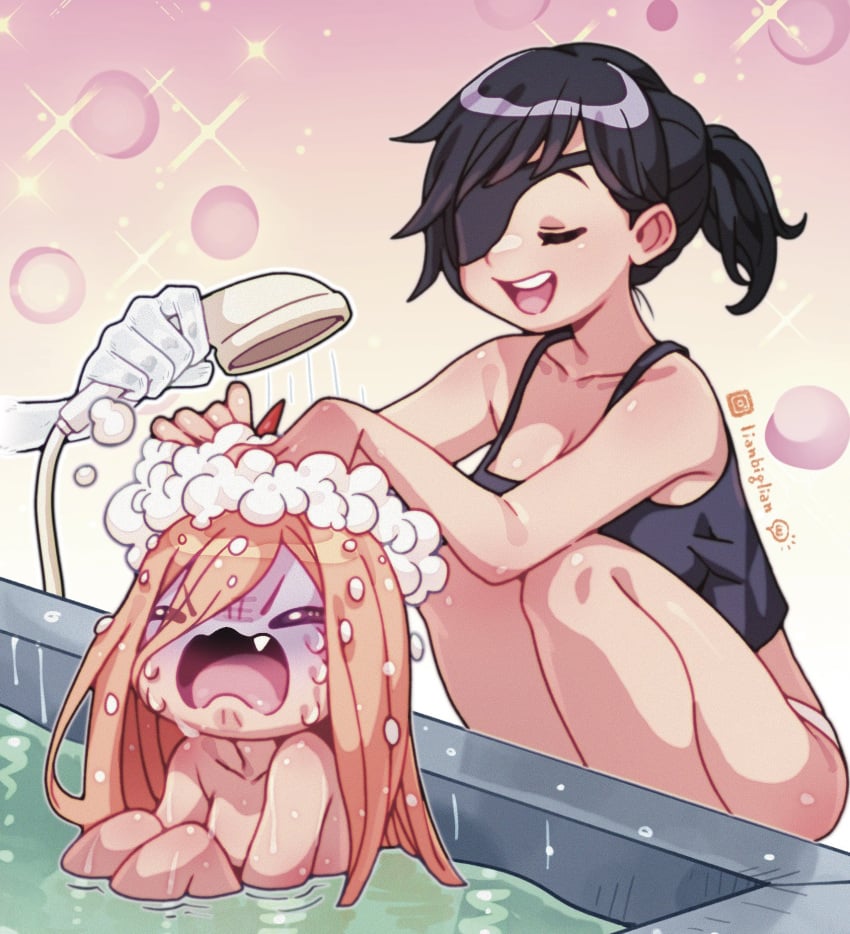 2girls adorable bathroom bathtub big_breasts breasts chainsaw_man chibi cleavage clothed/nude clothed_female_nude_female clothed_on_nude completely_naked completely_nude completely_nude_female crying cute eye_patch eyepatch female female_only himeno_(chainsaw_man) lianbiglian mappa nude nude_female power_(chainsaw_man) shower showering soap squatting thick_thighs washing washing_another washing_hair watermark wet wholesome