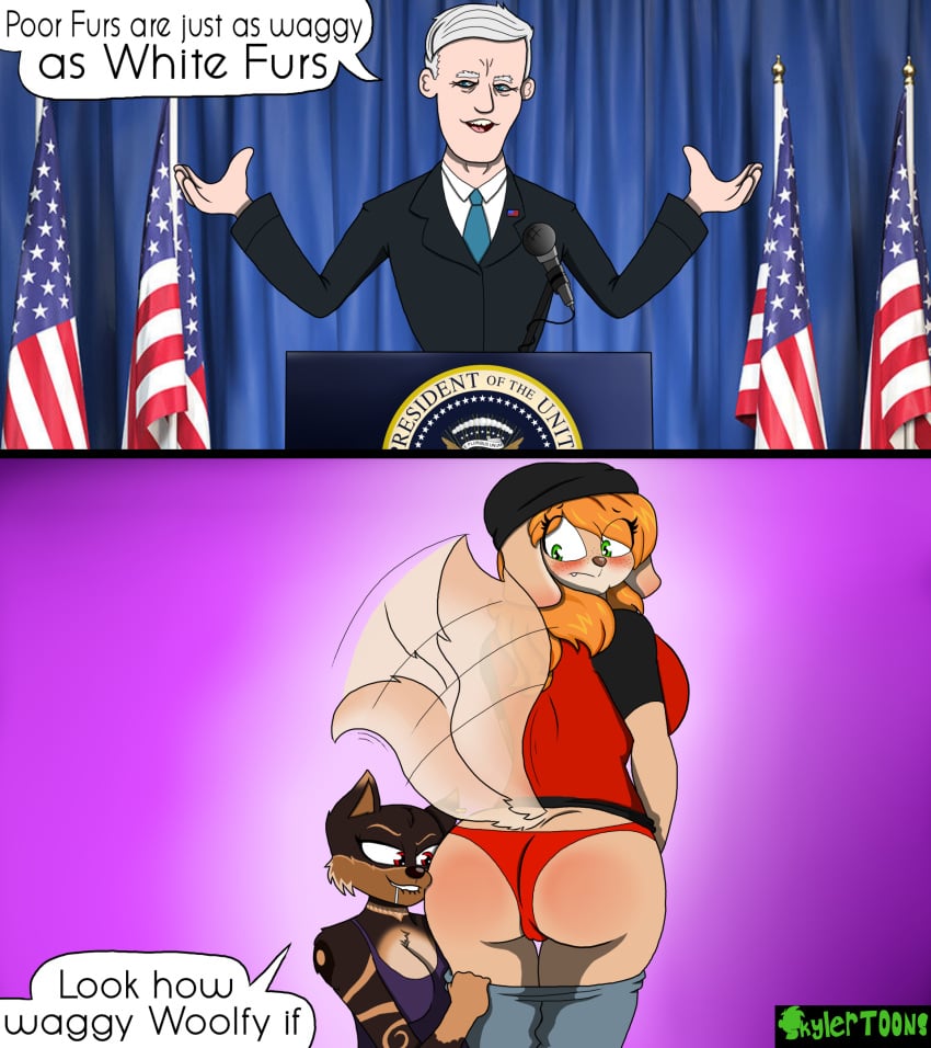 2girls ass butt_grab female female_only furry furry_ears furry_female furry_tail joe_biden meme parody politics president skylertoons wagging_tail woolfy woolfy_thebitch