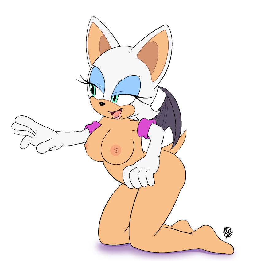 breasts gloves innotsu kneeling makeup medium_breasts nipples rouge_the_bat sonic_(series) wings