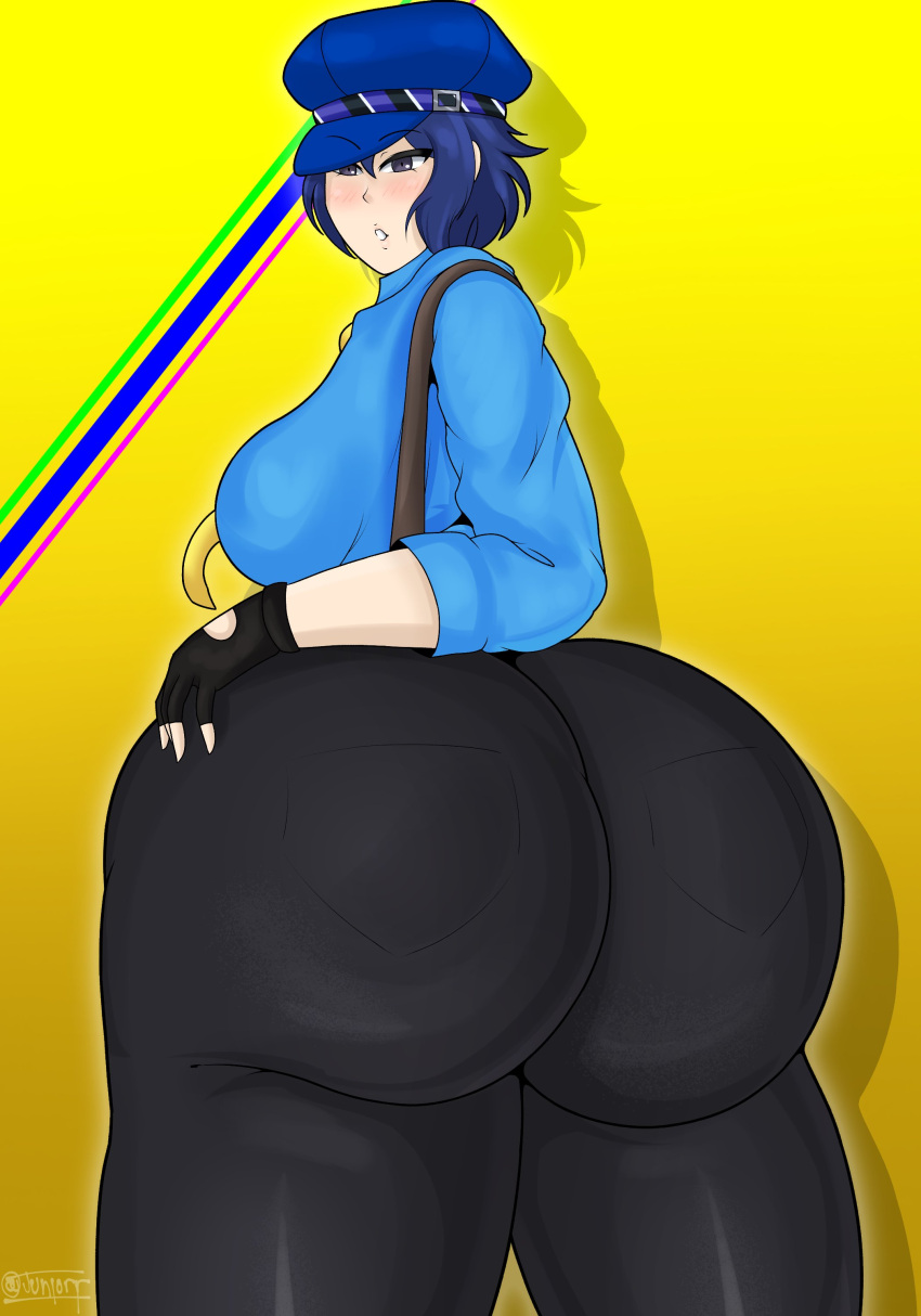 ass_bigger_than_head big_ass black_legwear black_pants blue_hair blue_hat blue_shirt clothed clothing detective female huge_ass junior_art_ looking_at_viewer looking_back persona persona_4 shirogane_naoto yellow_tie