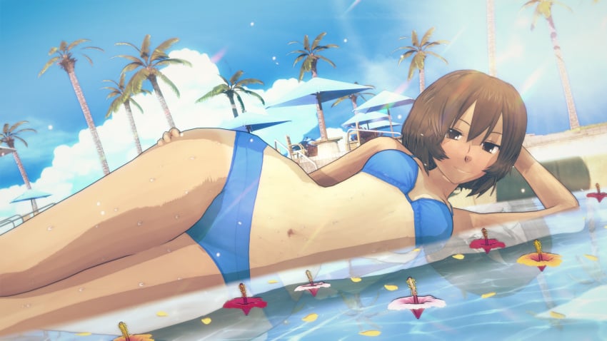 1girls azumanga_daiou belly bikini blue_sky brown_hair female female_only flowers grey_eyes hand_on_butt head_on_hand human kagura_(azumanga_daiou) koikatsu lens_flare looking_at_viewer lying_on_side outside palm_trees pool pose posing short_hair smiling_at_viewer solo_female solo_focus summer sunlight tan-skinned_female tan_body tanline tanned_skin thighs water wet