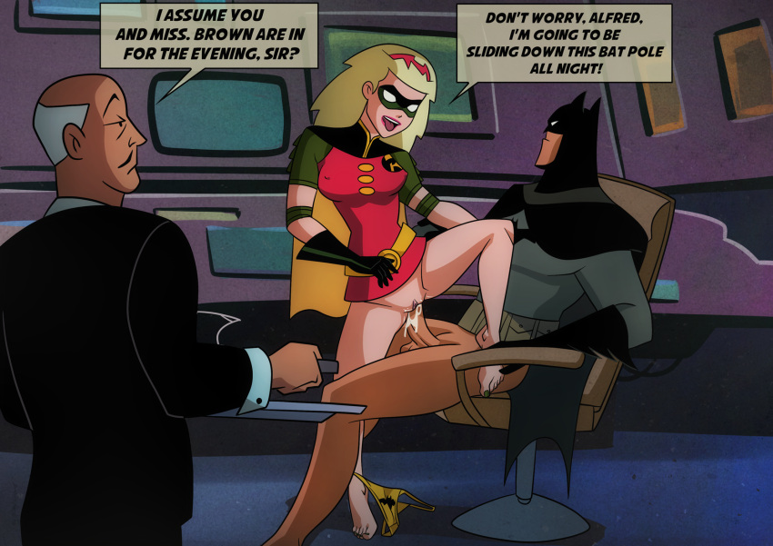 alfred_pennyworth background barefoot batman batman:_the_animated_series batman_(series) blonde_female blonde_hair bottomless_female bottomless_male cum cum_in_pussy cum_inside dc dc_comics dcau dialogue elmrtev feet female leg_up male male/female painted_toenails panties panties_around_leg panties_down penetration penis pink_pussy pokies pussy pussy_juice robin_(dc) robin_(stephanie_brown) sex speech_bubble stephanie_brown the_new_batman_adventures tongue_out vaginal_penetration vaginal_sex wet_pussy