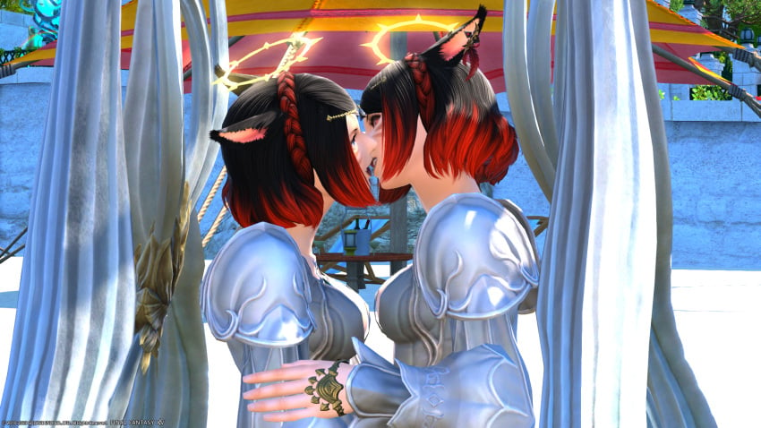 2girls angel avatar_(ff14) beach black_hair blue_eyes cat_ears catgirl female female_only final_fantasy final_fantasy_xiv kissing miqo'te nekomimi original_character red_eyes red_hair self_upload shaika_row twincest twins yuri