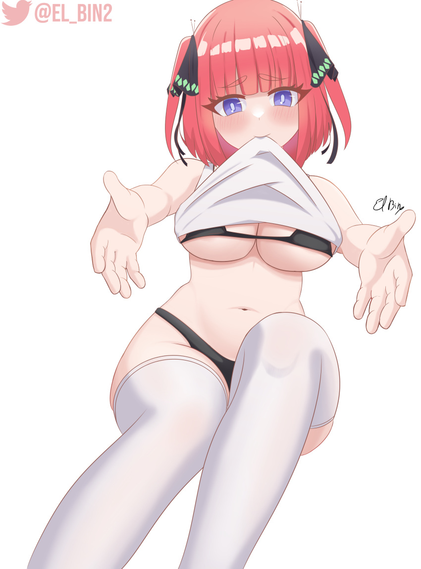 big_breasts blue_eyes blush bra breasts el_bin embarrassed female female_only full_body go-toubun_no_hanayome hi_res huge_breasts large_breasts nakano_nino pink_hair ribbon shirt shirt_pull short_hair solo teasing white_background white_shirt