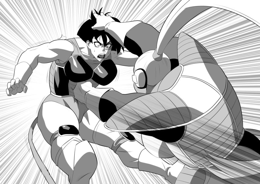 2girls alien ass big_ass big_breasts black_and_white bonyu breasts catfight dragon_ball dragon_ball_super dragon_ball_z dragon_ball_z:_kakarot female female_only fight fighting huge_ass huge_breasts large_ass large_breasts overweight ryona saiyan saiyan_armor scouter seripa short_hair size_difference tail thick thick_thighs thighhighs thighs tinted_eyewear tomboy vanbrand white_hair