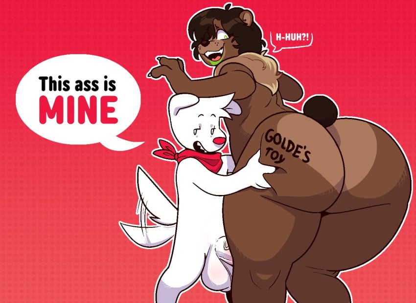 2023 anthro ass balls bandana bear bent_over big_balls big_butt body_writing brown_body brown_ears brown_fur brown_hair brown_nose brown_tail brown_tuft butt_grab canid canine canis claws digital_media_(artwork) domestic_dog duo english_text fur genitals golde golde_(golde) goldeneyensfw green_eyes hair hair_over_eye half-closed_eyes hand_on_butt kerchief male mammal motion_lines multicolored_body multicolored_fur narrowed_eyes neck_tuft one_eye_obstructed penis red_background red_bandanna red_kerchief red_nose sharp_teeth short_tail simple_background speech_bubble standing tail tail_motion tailwag teeth text thick_thighs tongue tuft two_tone_body two_tone_fur vein veiny_penis white_body white_ears white_fur white_hair white_tail writing_on_butt