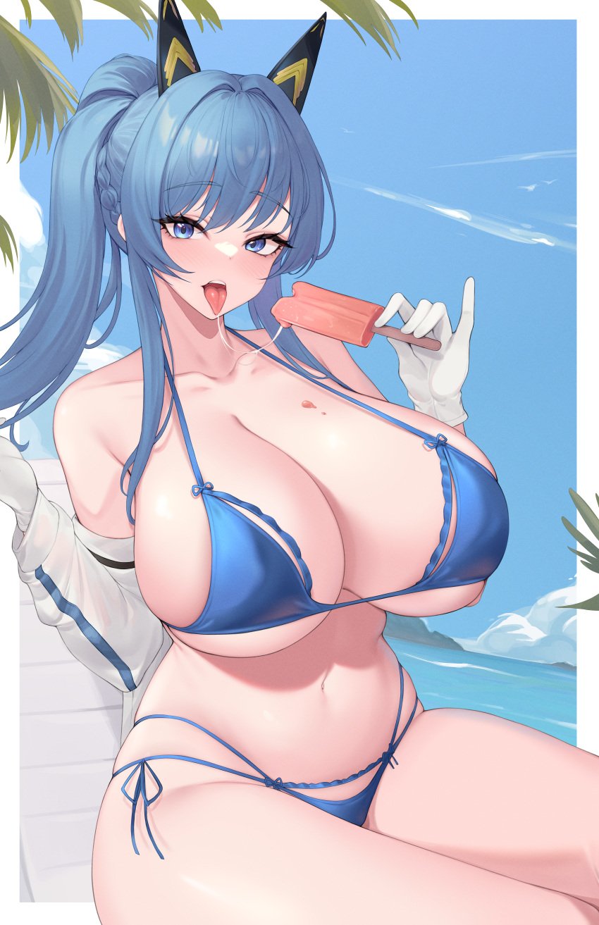 1girls absurd_res bikini blue_eyes blue_hair breasts busty female goddess_of_victory:_nikke helm_(aquamarine)_(nikke) helm_(nikke) hi_res hips kuavera large_breasts long_hair naughty_face outdoors ponytail thick_thighs thighs wide_hips