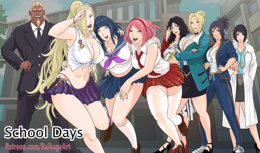 1boy 7girls big_breasts black_hair blonde_hair blue_hair breasts brown_hair cleavage color comic comic_cover curvy dark_skin female high_heels hyuuga_hinata ino_yamanaka kurenai_yuhi male milf mitarashi_anko multiple_girls naruto naruto_(series) pink_hair raikage raikage_art sakura_haruno school_uniform schoolgirl shizune suit tagme tsunade