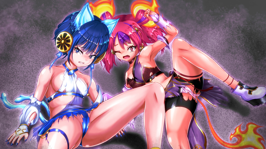 2girls ass blue_hair breasts duel_monster female ha-re_the_sword_mikanko heroine_in_trouble japanese_clothes japanese_mythology miko ni-ni_the_mirror_mikanko nini_the_mirror_mikanko red_hair torn_clothes translucent_clothing yu-gi-oh!