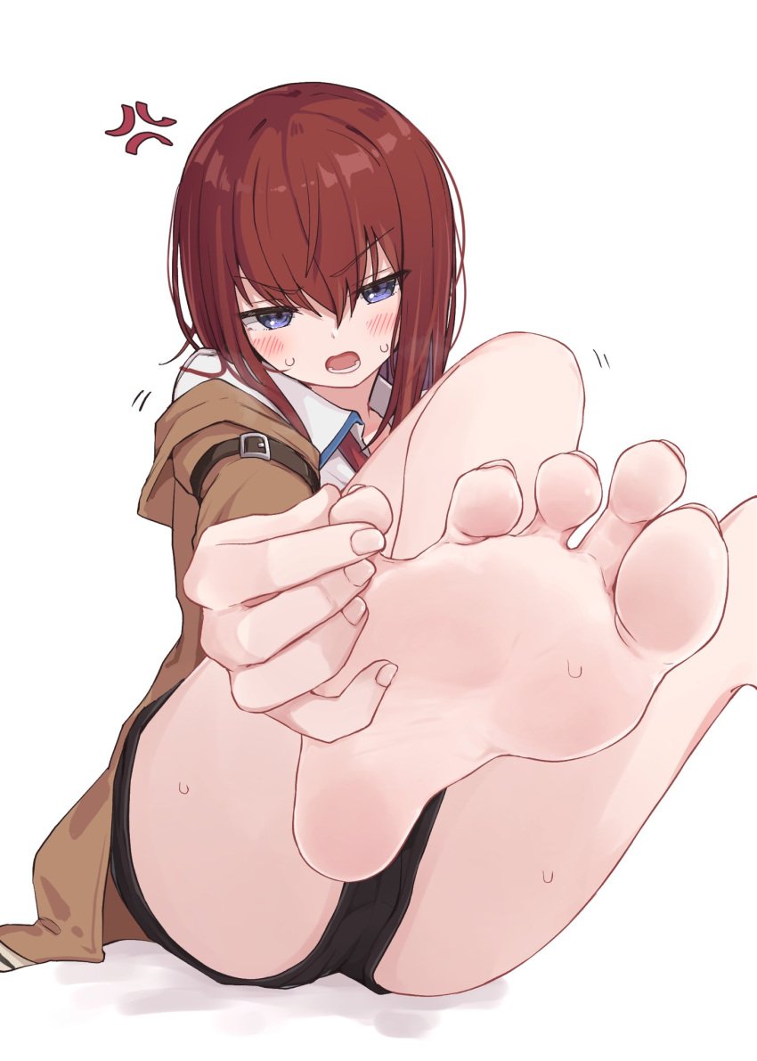 1girls anger_vein angry blush blush_stickers feet female female_only fingernails foot_fetish foot_focus fully_clothed kahlua_(artist) large_ass makise_kurisu rubbing_feet solo spread_toes steins;gate thick_thighs thighs toenails toes