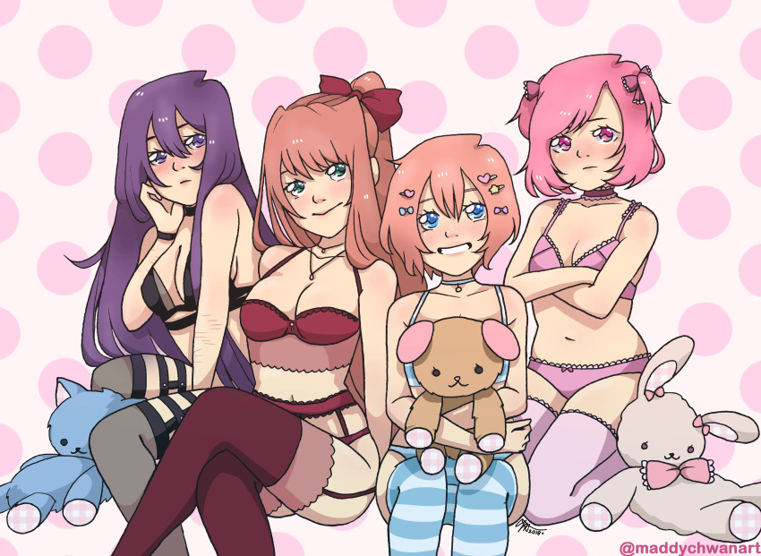 2018 4girls artist_name artist_signature bad_id bad_pixiv_id bare_shoulders blue_eyes boobs bow bow_panties breasts cleavage collar date doki_doki_literature_club female female_focus female_human female_only green_eyes healed_scars heart holding holding_object holding_plush holding_plushie human human_female human_focus human_only long_hair maddychwanart matching_hair/eyes matching_hair_and_eye_color matching_hair_and_eyes matching_underwear monika_(doki_doki_literature_club) natsuki_(doki_doki_literature_club) necklace object only_female panties pink_bra pink_eyes pink_hair pink_panties plush plushie polka_dot polka_dot_background purple_eyes purple_hair sayori_(doki_doki_literature_club) scar scars short_hair signature socks strawberry_blonde_hair year yuri_(doki_doki_literature_club) マディ