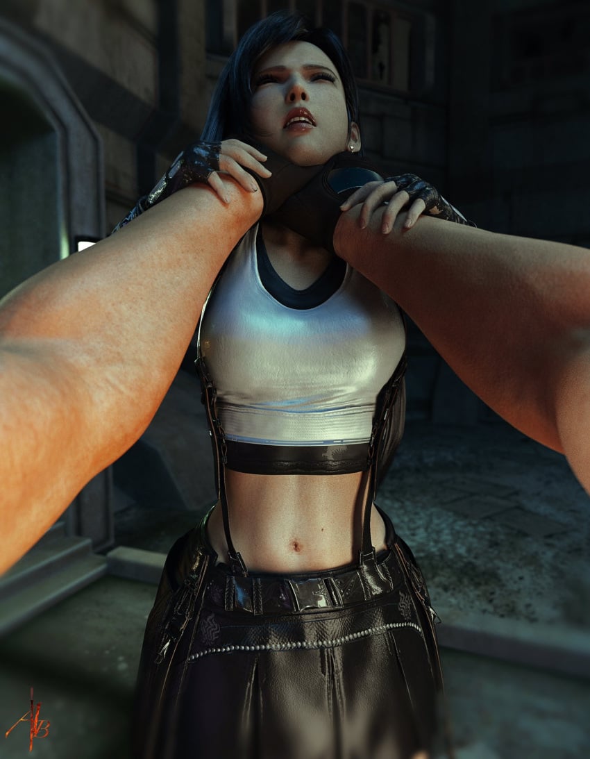 asphyxiation belly_button big_breasts choke choking clothing dragonfist7777 ear_piercing earrings final_fantasy final_fantasy_vii fingerless_gloves first_person_perspective first_person_view gloves hand_on_neck hands_on_hands hands_on_neck male_pov pov strangle strangling tanktop tifa_lockhart