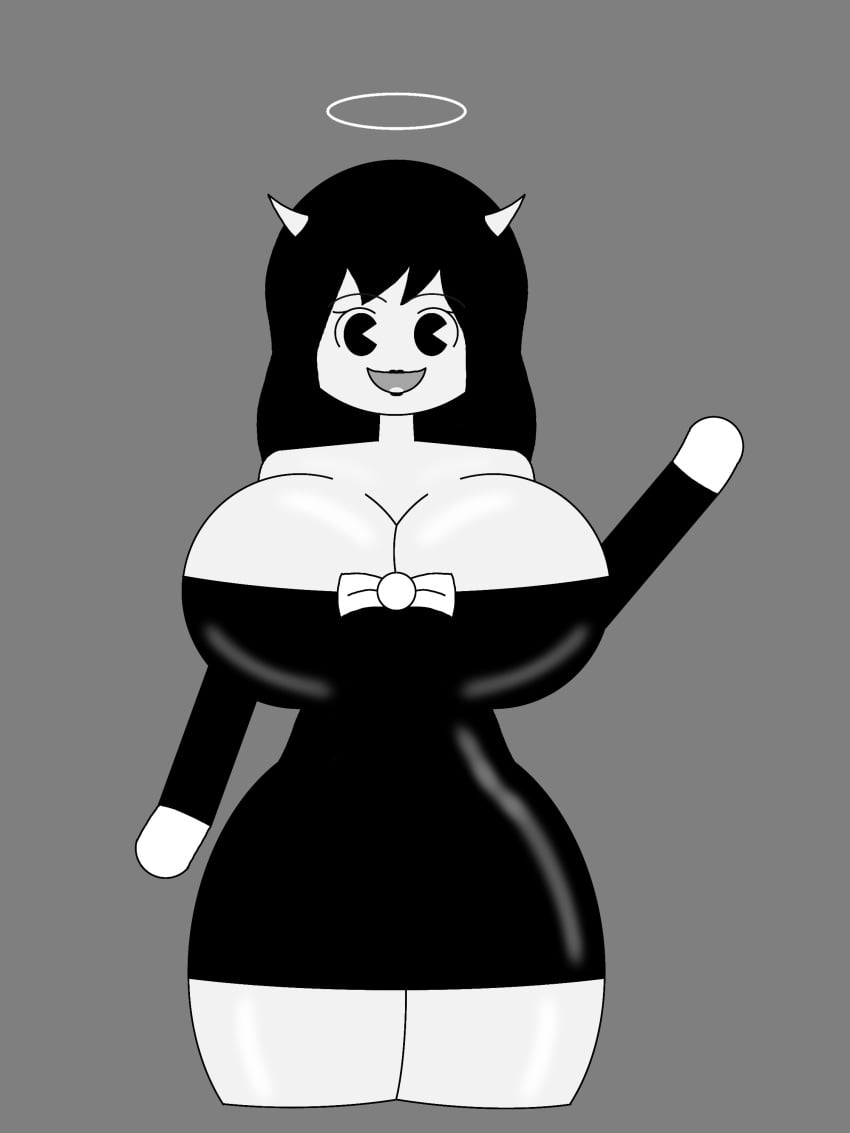 alice_angel bendy_and_the_ink_machine big_breasts black_dress black_hair breasts cartoony circle_head curvy digital_drawing_(artwork) halo horns looking_at_viewer mystic100 pac-man_eyes thick_thighs thighs toony waving waving_at_viewer