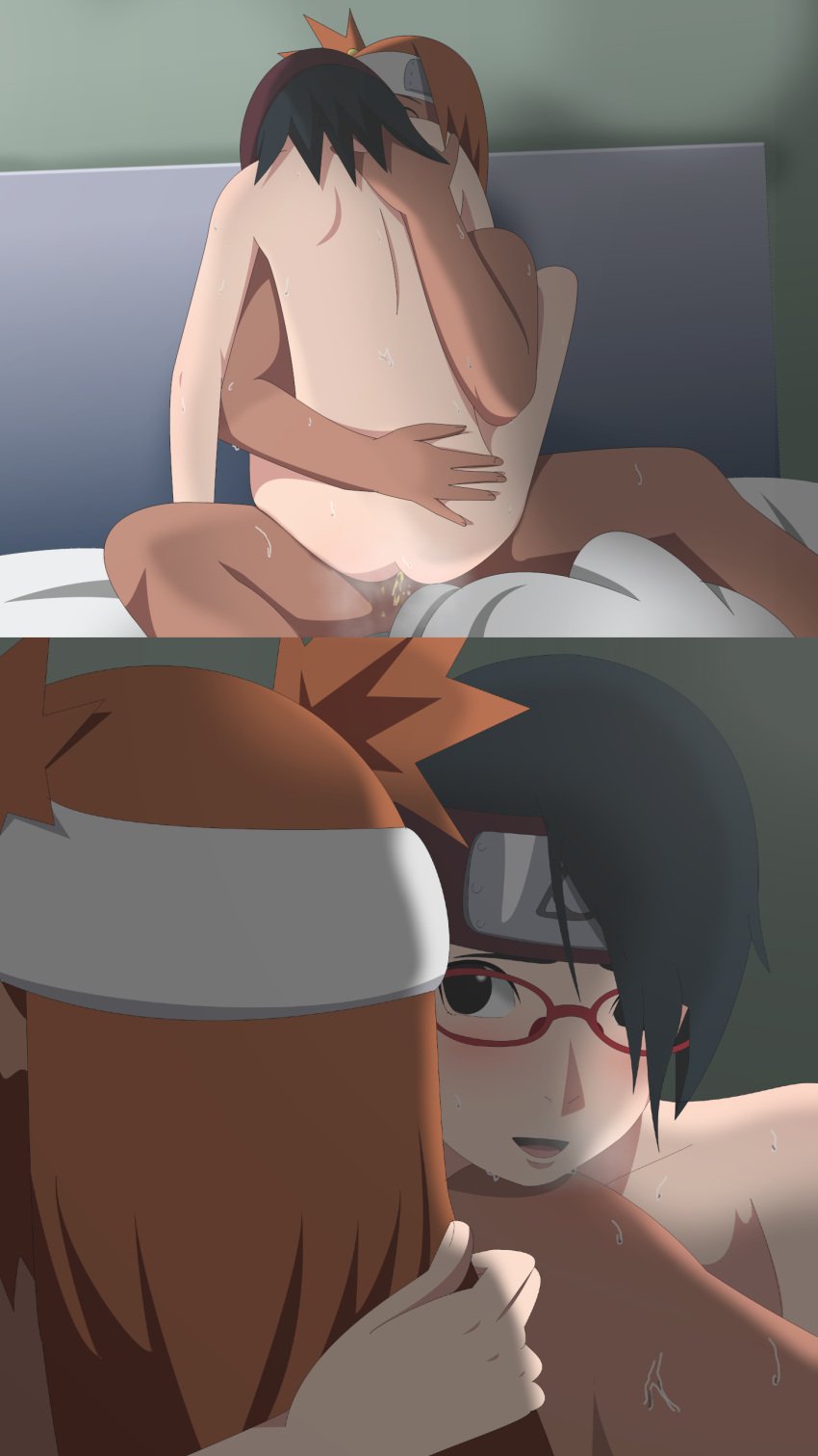 2girls akimichi_chouchou ass best_friends black_hair boruto:_naruto_next_generations breath climax closed_eyes completely_nude cowgirl_position dark-skinned_female dark_skin embrace female/female friends gasp gasping glasses headband heavy_breathing hug implied_futanari implied_sex interracial kunoichi light-skinned_female light_skin long_hair looking_at_viewer looking_pleasured multiple_girls naruto naruto_(series) ninja nude optimystic orange_hair petite pussy_ejaculation pussy_juice pussy_juice_drip sarada_uchiha sex sex_on_bed sitting sitting_on_bed sitting_on_lap sitting_on_person squirting straddling sweat sweating uchiha_sarada upper_body visible_breath voluptuous yuri