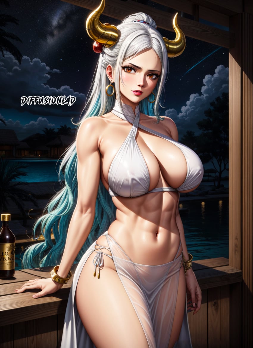 1girls ai_generated diffusionlad female female_only horns long_hair one_piece seductive_look stable_diffusion voluptuous voluptuous_female white_hair yamato_(one_piece)