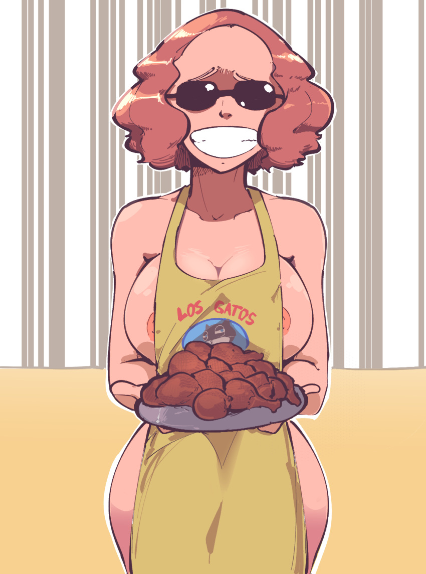 1girls apron apron_only chicken_(food) exposed_nipples female_only haru_okumura mrplow34 naked_apron nipples persona persona_5 smug sunglasses