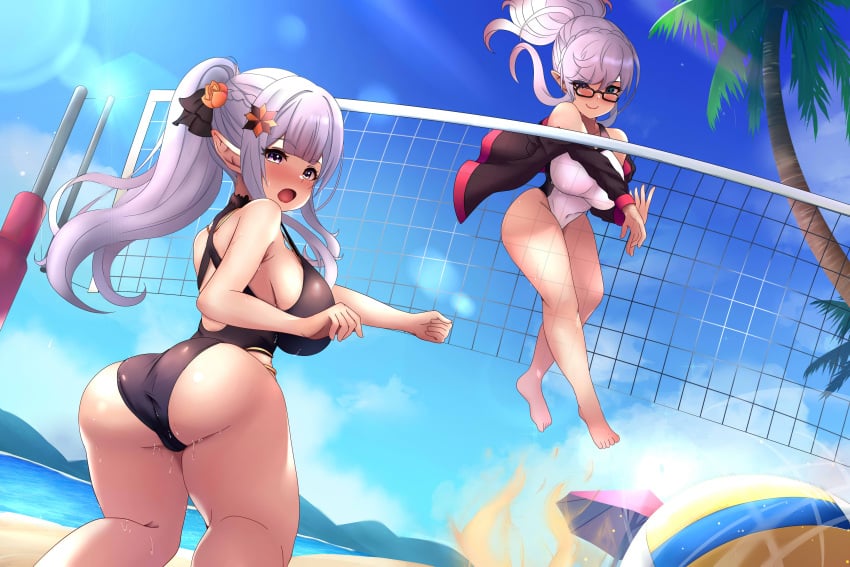 2girls ass beach blue_eyes blush breasts competition_swimsuit female female_only hair_flower hair_ornament huge_ass jacket large_breasts mother_and_daughter ocean ponytail purple_eyes re:zero_kara_hajimeru_isekai_seikatsu red_hair relpama runa_van_astrea sand satella_(re:zero) smug swimsuit volleyball volleyball_net white_hair